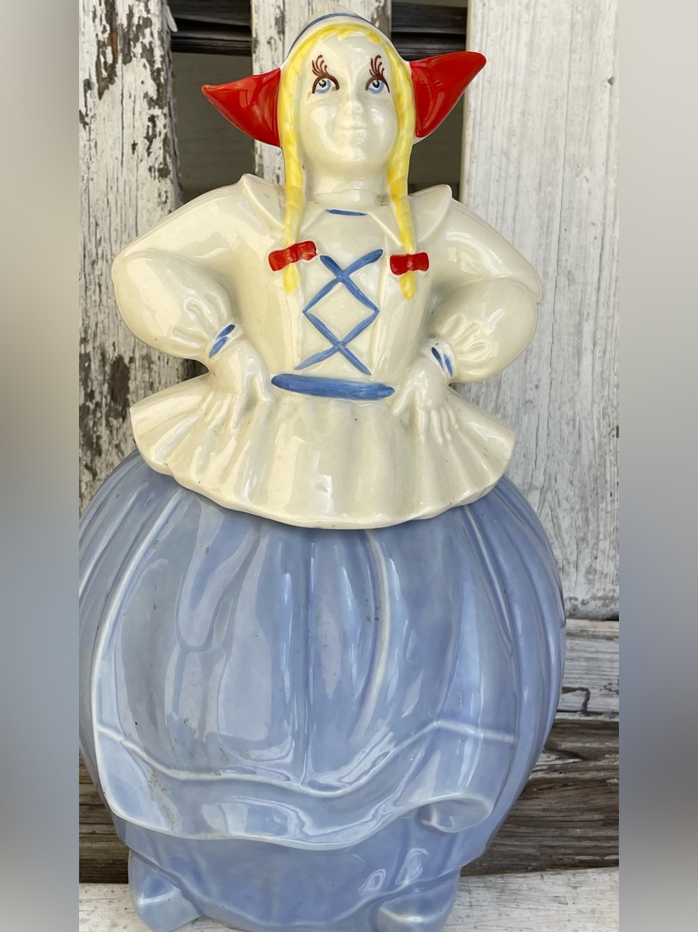 Vintage 1940s Pottery Guild of America Dutch Girl Cookie Jar Hand Painted Blue